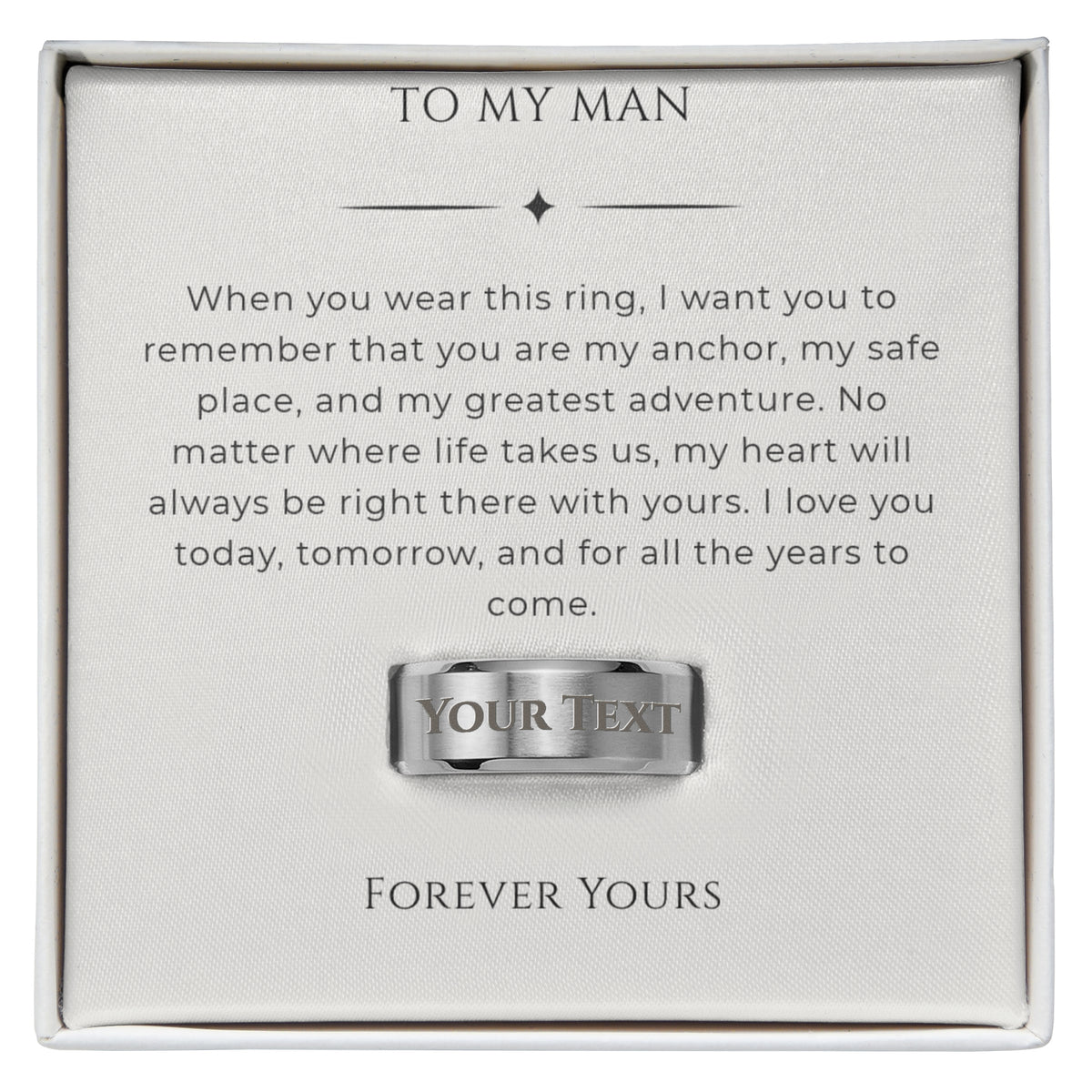 Custom engraved men's ring in luxury gift box with personalized message card