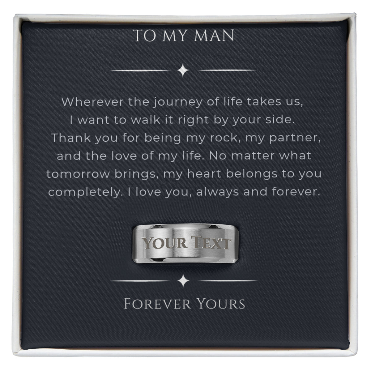 Custom engraved men's ring in dark luxury gift box with personalized message card