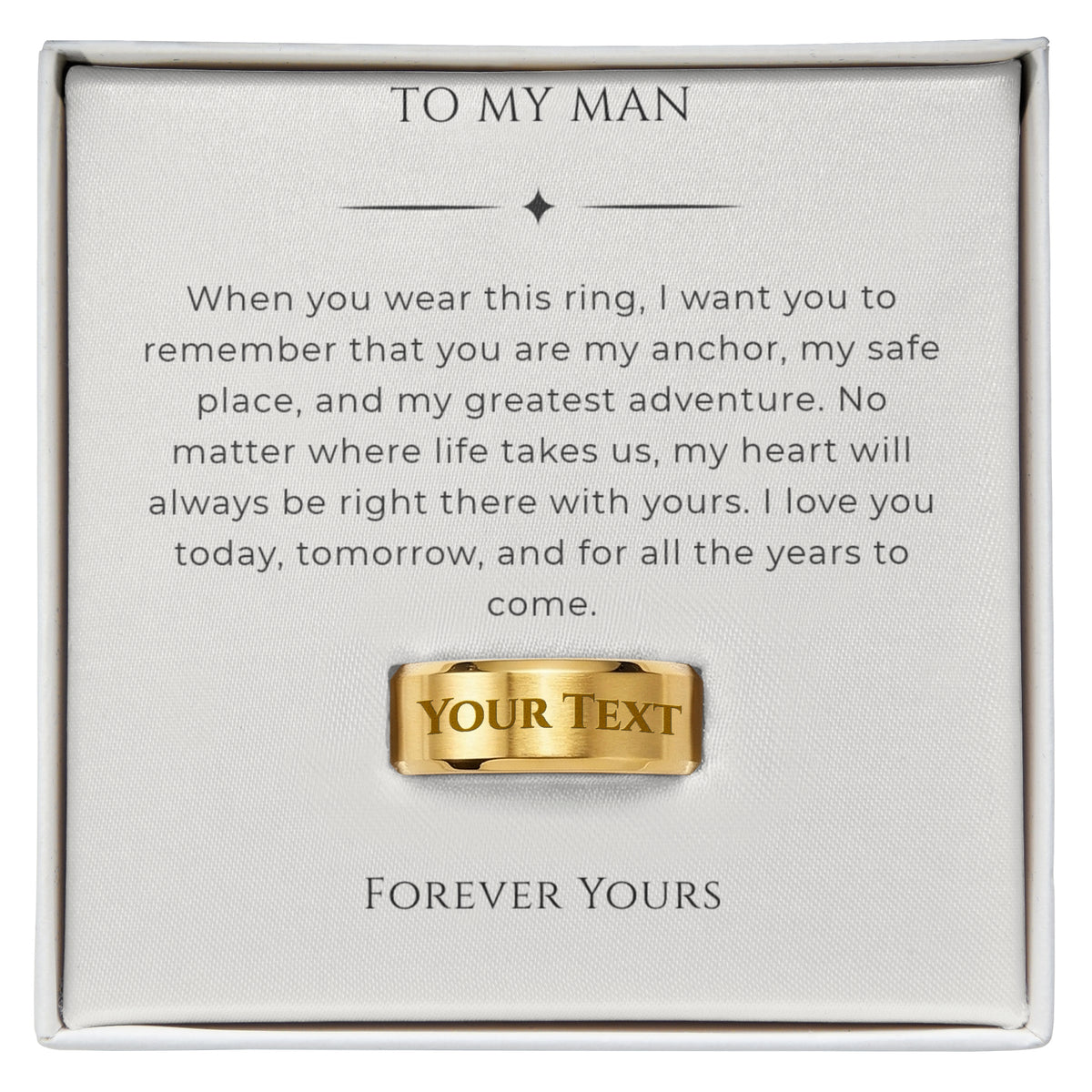 Polished steel, gold, and black plated custom engraved rings for men