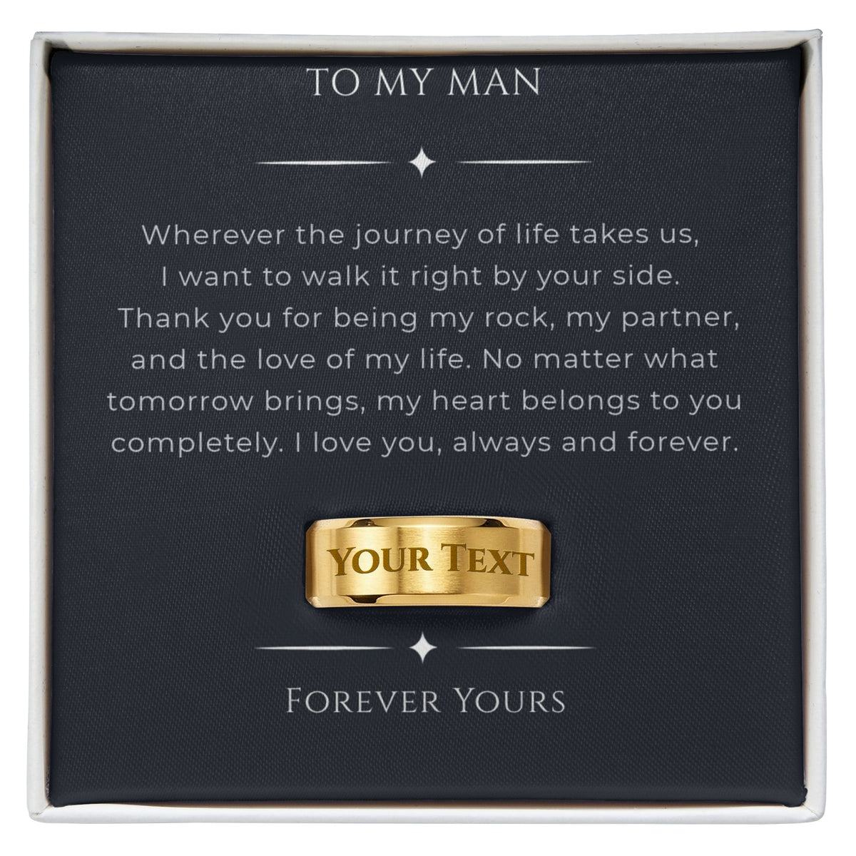 Stainless steel, gold, and black custom engraved bands for men