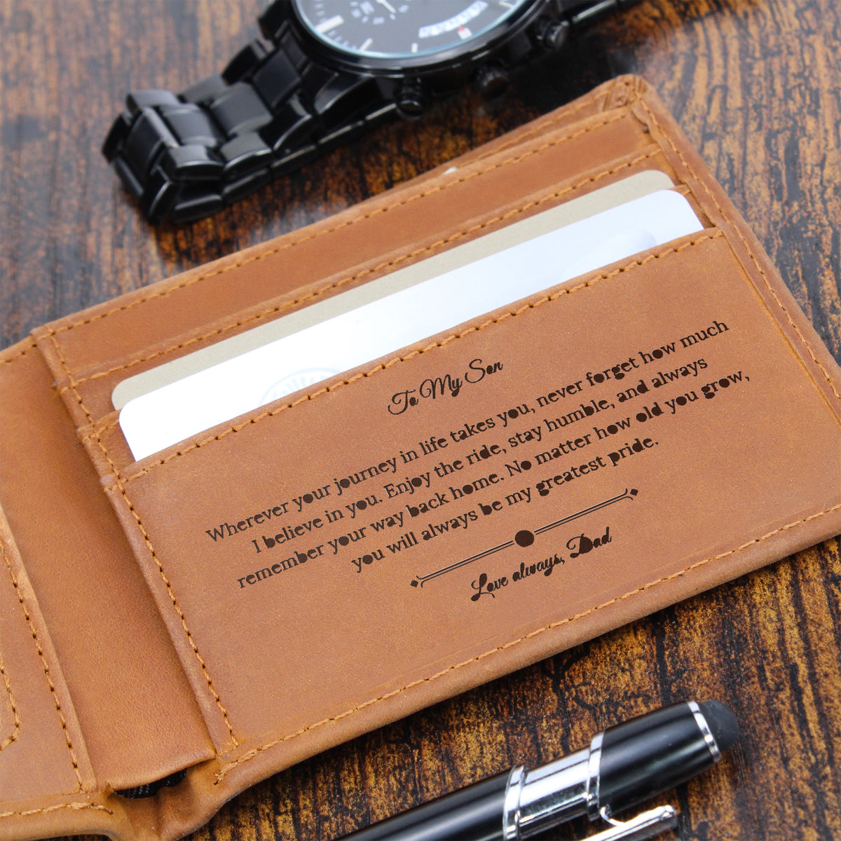 Engraved Leather Wallet Gift- From Father to Son