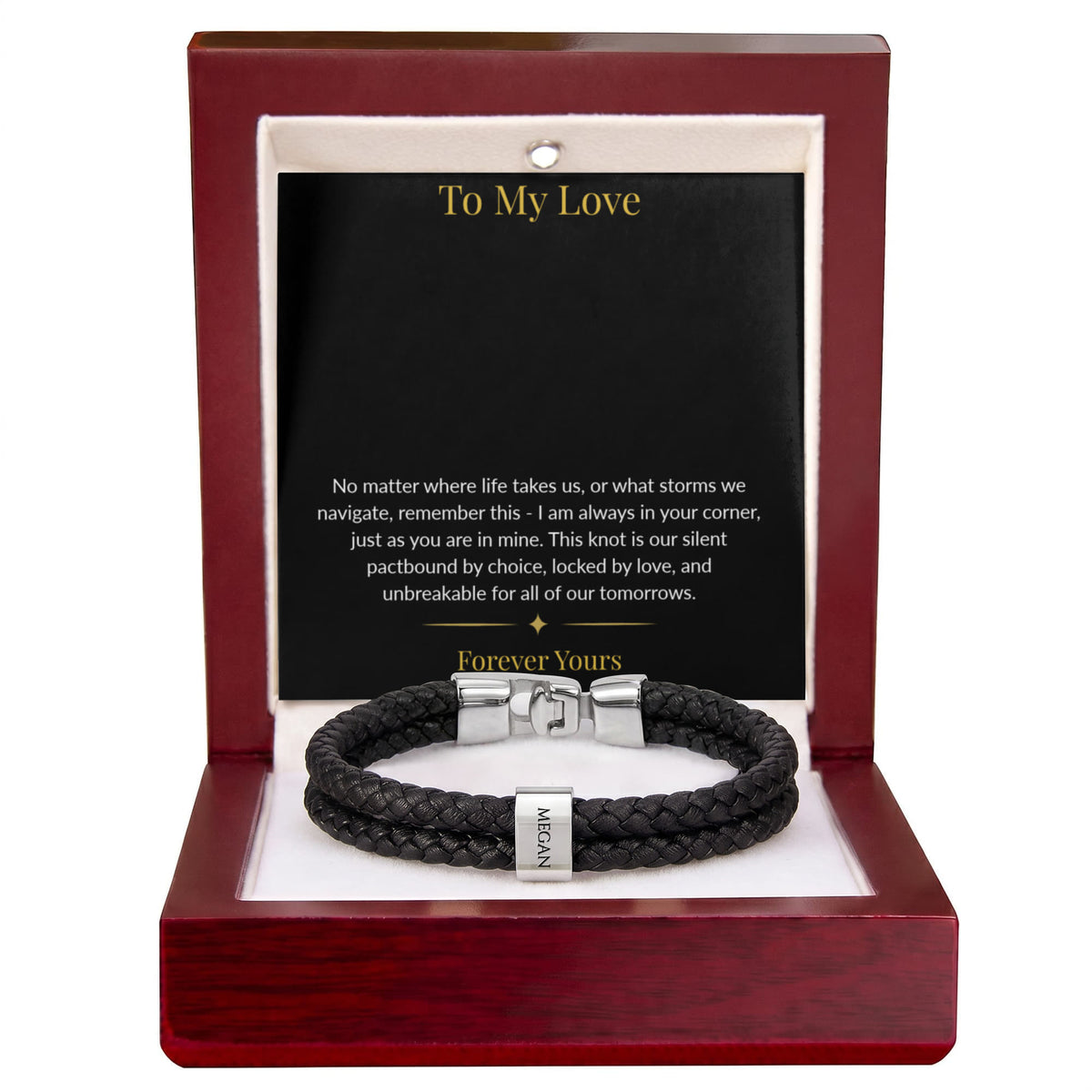 Custom engraved men's personalized name bracelet in a luxury box with a romantic message card from Written Affection