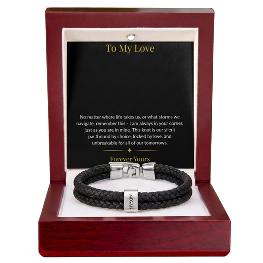 Custom engraved men's personalized name bracelet in a luxury box with a romantic message card from Written Affection