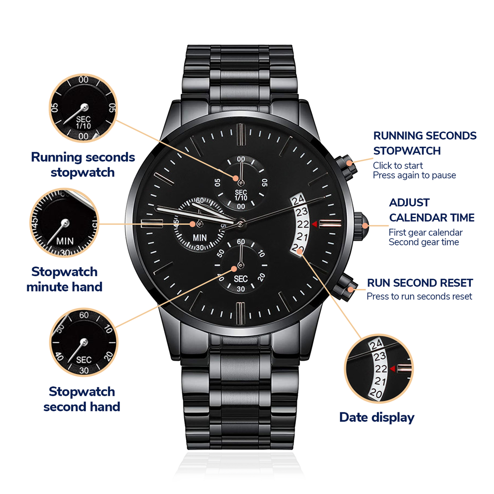 Custom Engraved Black Chronograph Watch – Personalized Stainless Steel Gift for Men