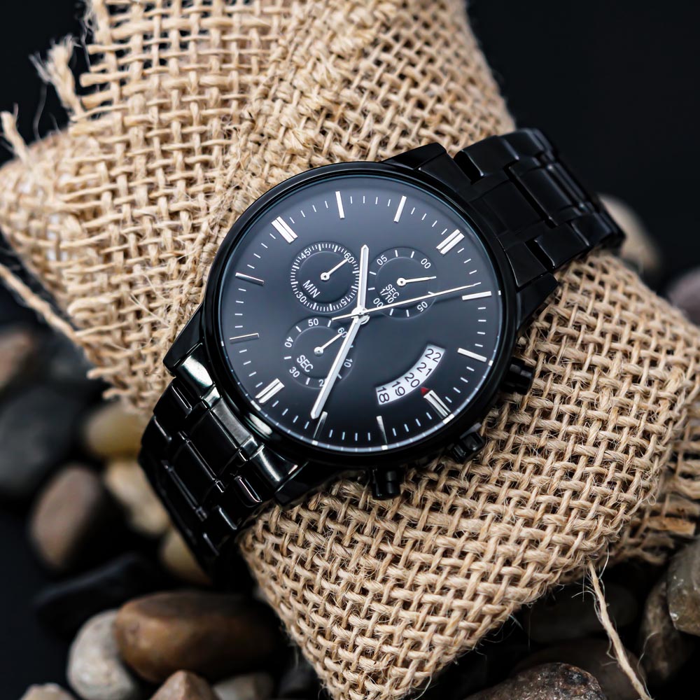 Custom Engraved Black Chronograph Watch – Personalized Stainless Steel Gift for Men