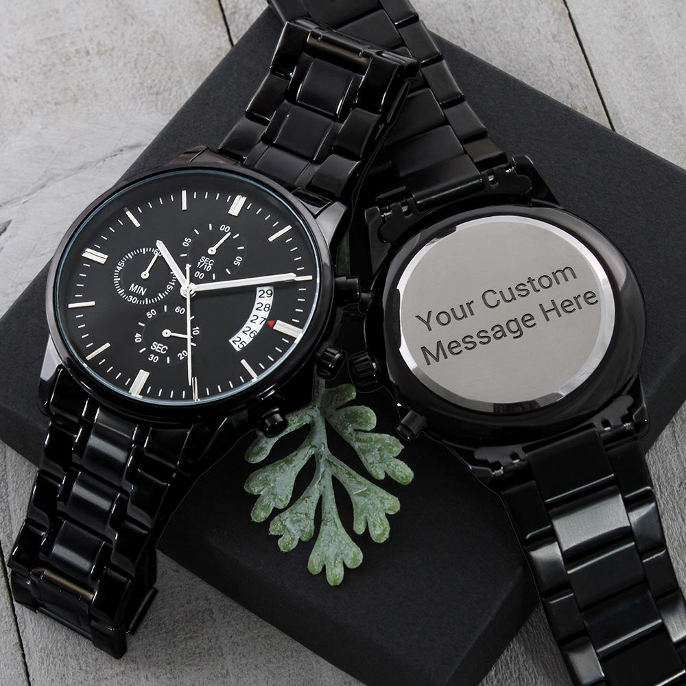 Custom Engraved Black Chronograph Watch – Personalized Stainless Steel Gift for Men