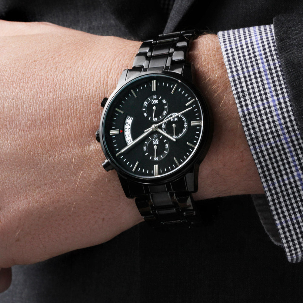 Custom Engraved Black Chronograph Watch – Personalized Stainless Steel Gift for Men