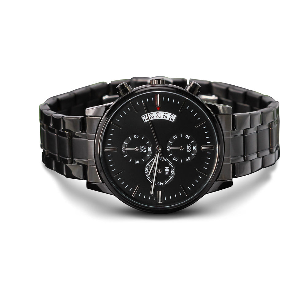 Custom Engraved Black Chronograph Watch – Personalized Stainless Steel Gift for Men