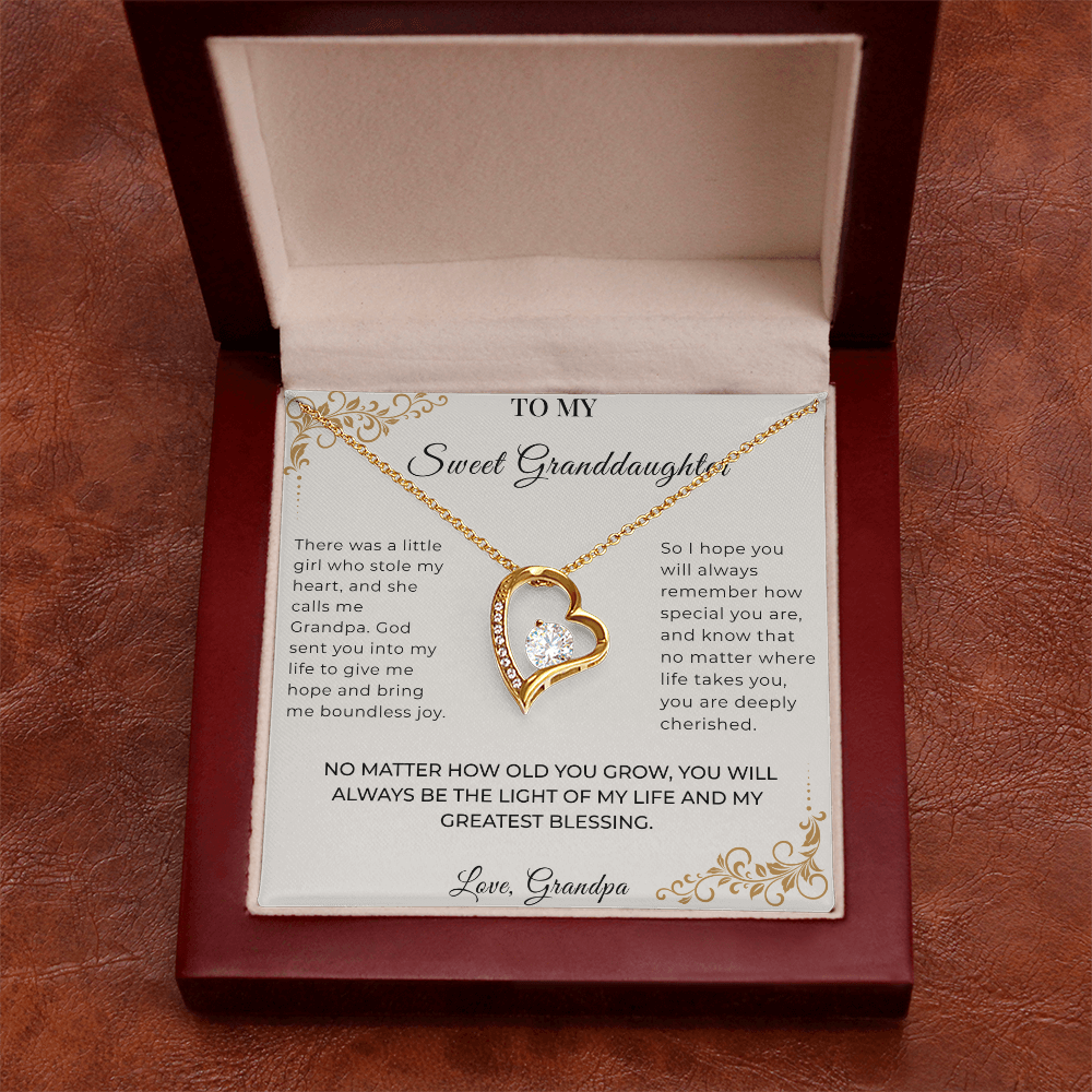 Vintage parchment Granddaughter message card from Grandpa with Forever Love crystal necklace in luxury gift box
