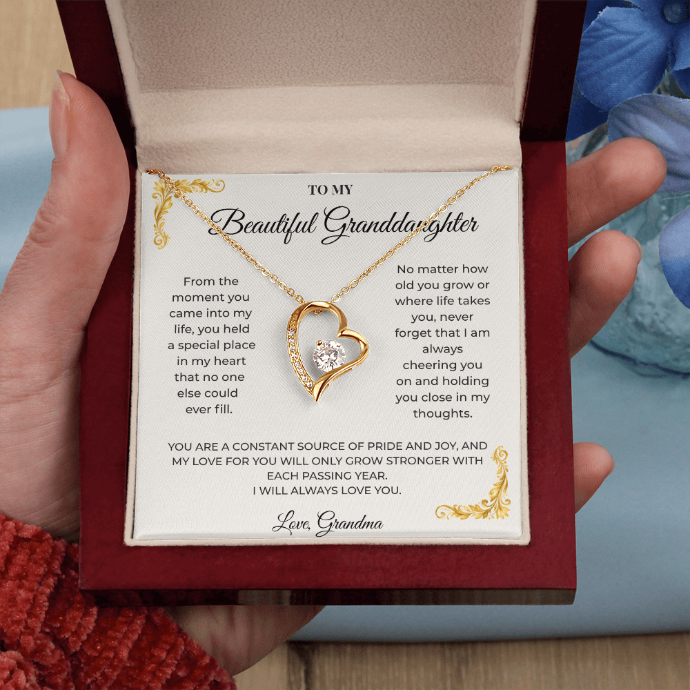 Vintage parchment style Granddaughter message card with Forever Love necklace in gift box