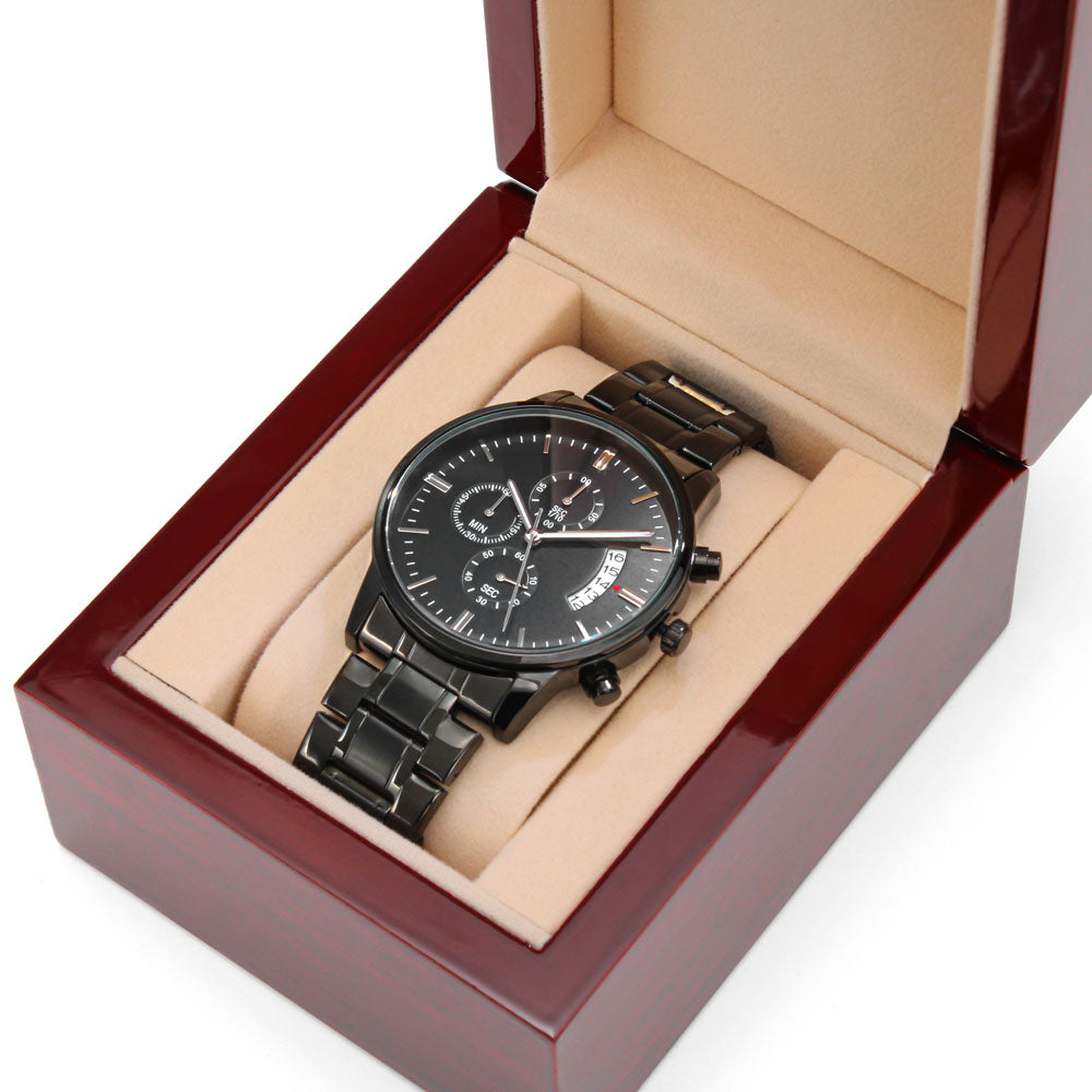 Men's luxury black watch with copper dial and stainless steel strap