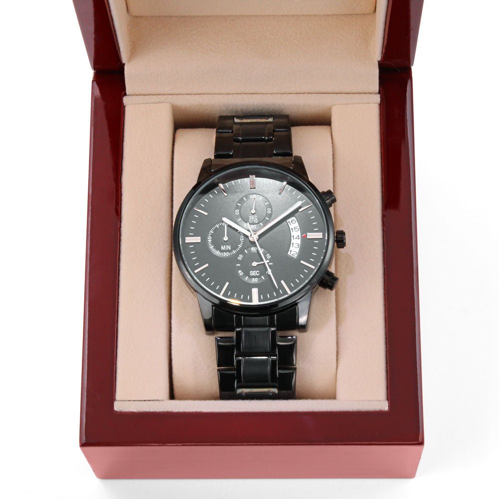 Custom Engraved Black Chronograph Watch – Personalized Stainless Steel Gift for Men