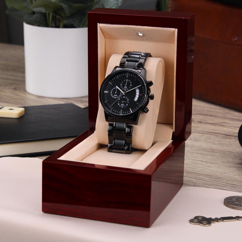 Custom Engraved Black Chronograph Watch – Personalized Stainless Steel Gift for Men
