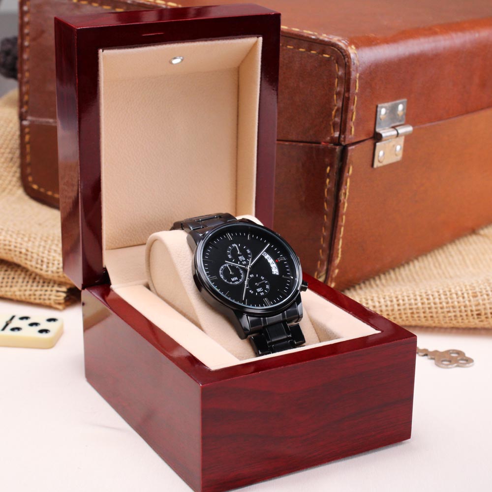 Custom Engraved Black Chronograph Watch – Personalized Stainless Steel Gift for Men