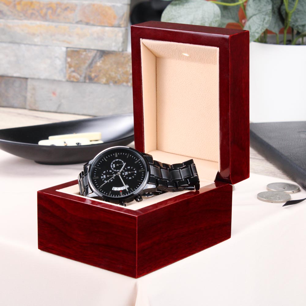 Personalized men's chronograph watch packaged in a gift box