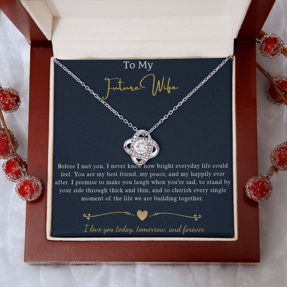 Love Knot Crystal Pendant Necklace, 14k White Gold Finish