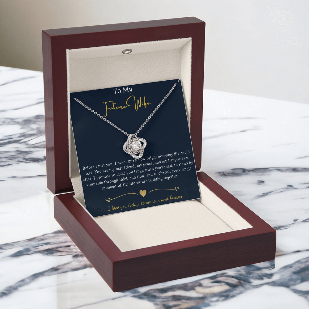 Love Knot Crystal Pendant Necklace, 14k White Gold Finish