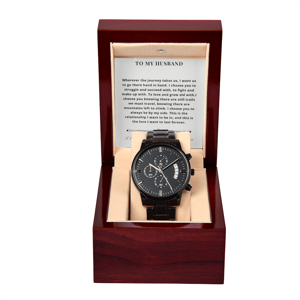 Men's luxury black stainless steel chronograph watch with copper dial