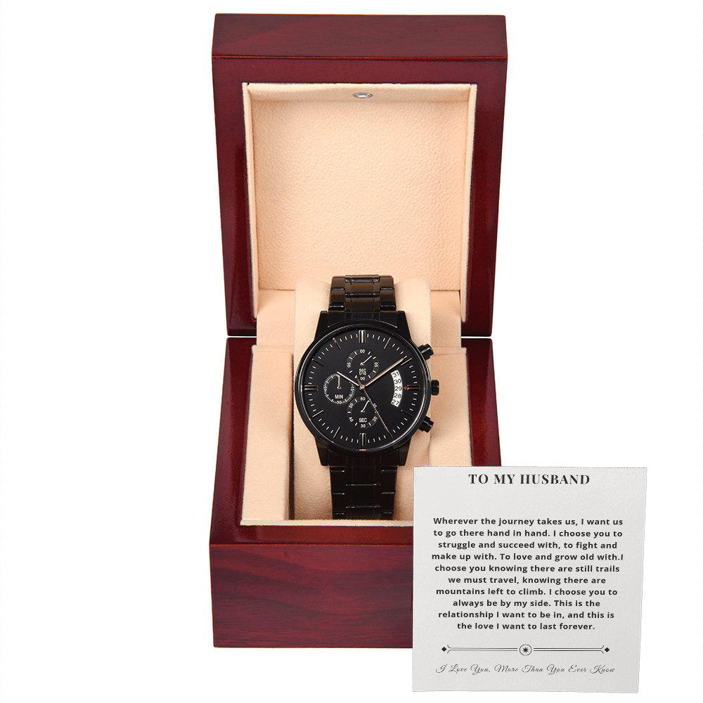 Black chronograph watch in luxury mahogany box with To My Husband message card