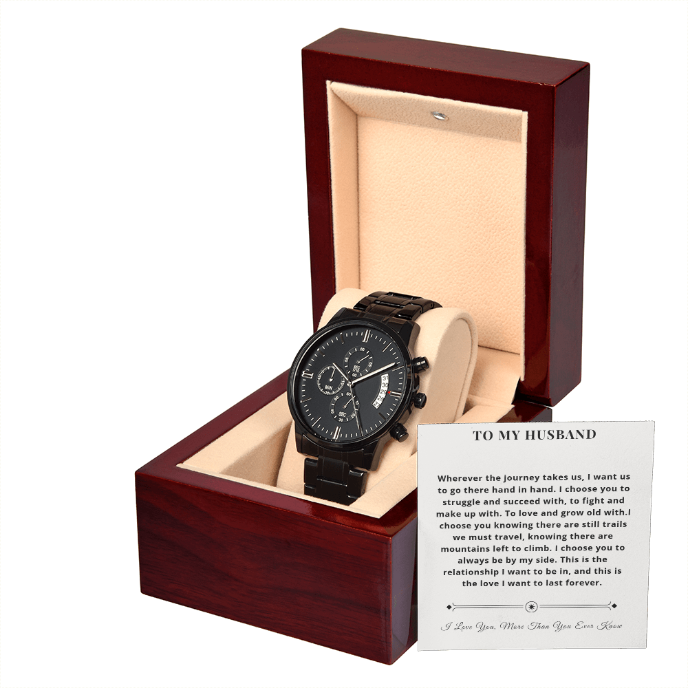Luxury Mahogany Box Black Chronograph Watch – "To My Husband" Personalized Gift Set