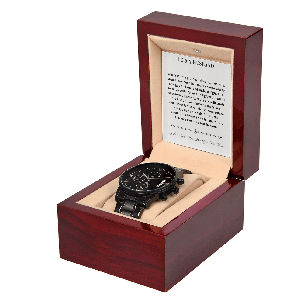 Luxury Mahogany Box Black Chronograph Watch – "To My Husband" Personalized Gift Set