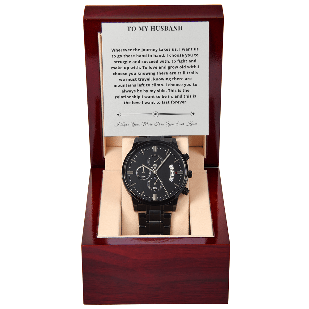 Luxury Mahogany Box Black Chronograph Watch – "To My Husband" Personalized Gift Set