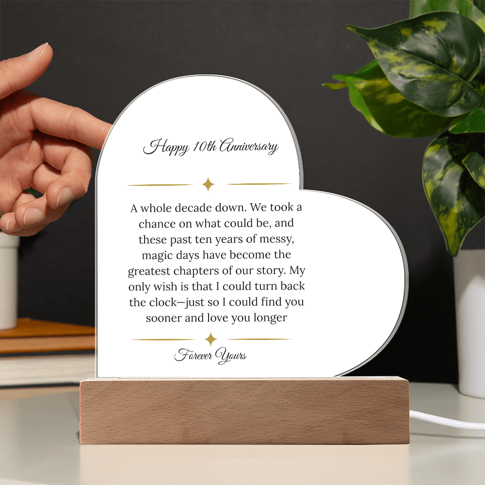 10th Anniversary Gift for Wife - "A Decade Down" LED Heart Plaque