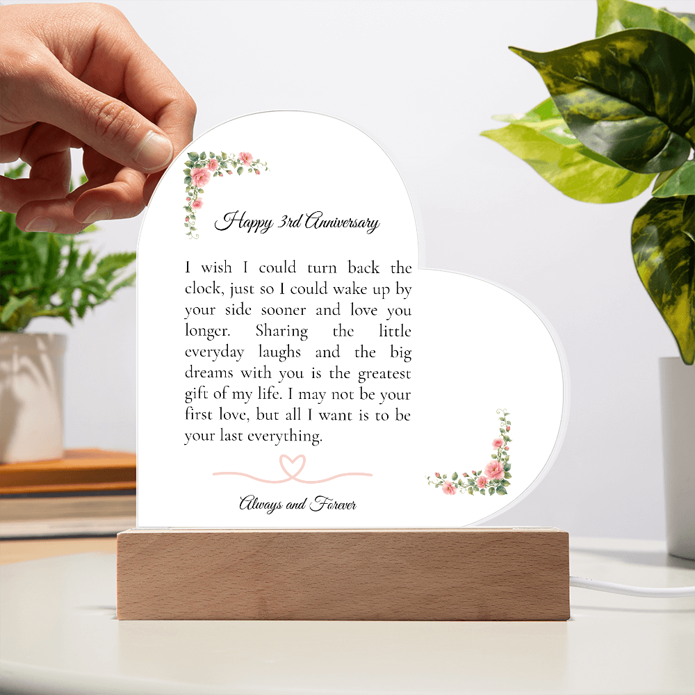 3rd Anniversary Gift for Wife - The "Last Everything" LED Heart Plaque