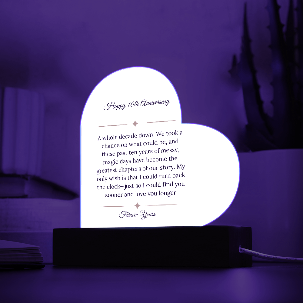 10th Anniversary Gift for Wife - "A Decade Down" LED Heart Plaque