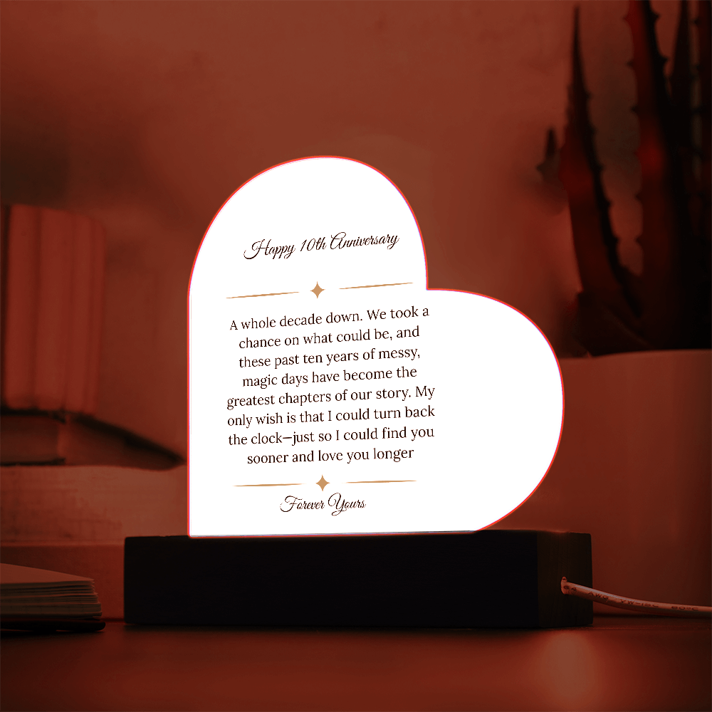 10th Anniversary Gift for Wife - "A Decade Down" LED Heart Plaque