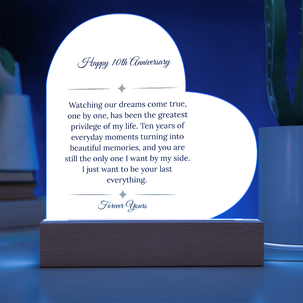 10th Anniversary Gift for Wife - "Dreams Come True" LED Heart Plaque