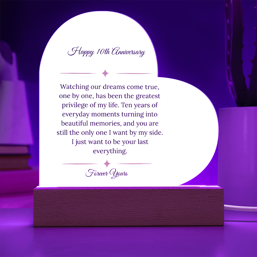 10th Anniversary Gift for Wife - "Dreams Come True" LED Heart Plaque