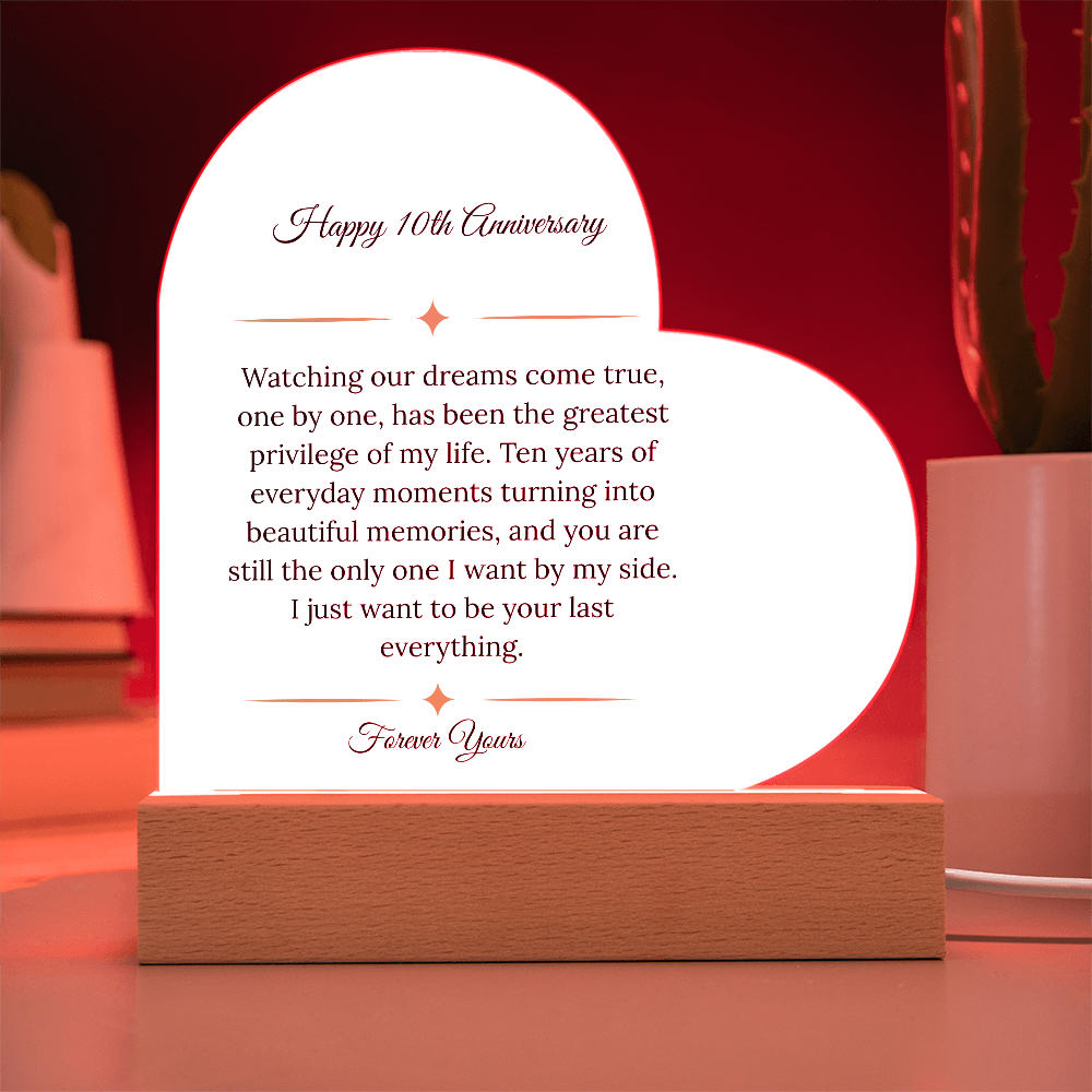 10th Anniversary Gift for Wife - "Dreams Come True" LED Heart Plaque