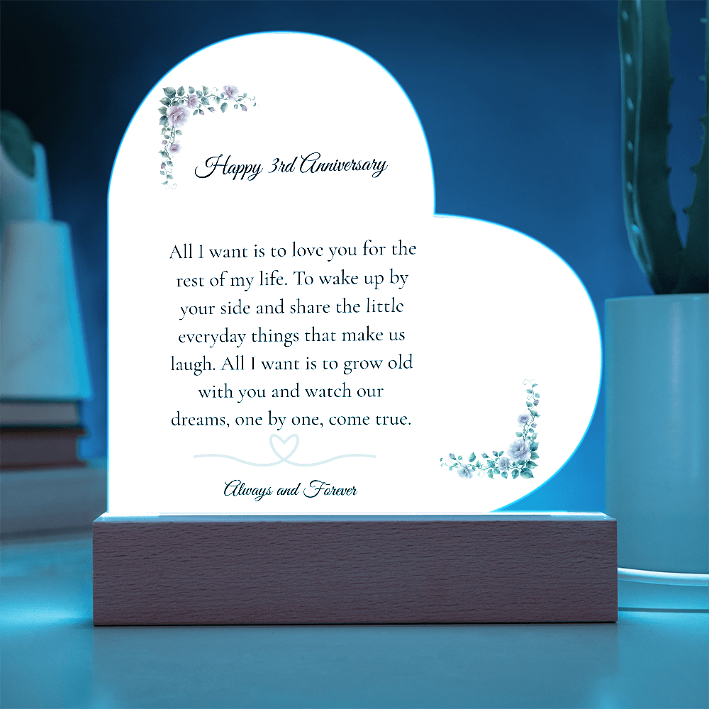 3rd Anniversary Gift for Wife - The "Growing Old Together" LED Heart Plaque