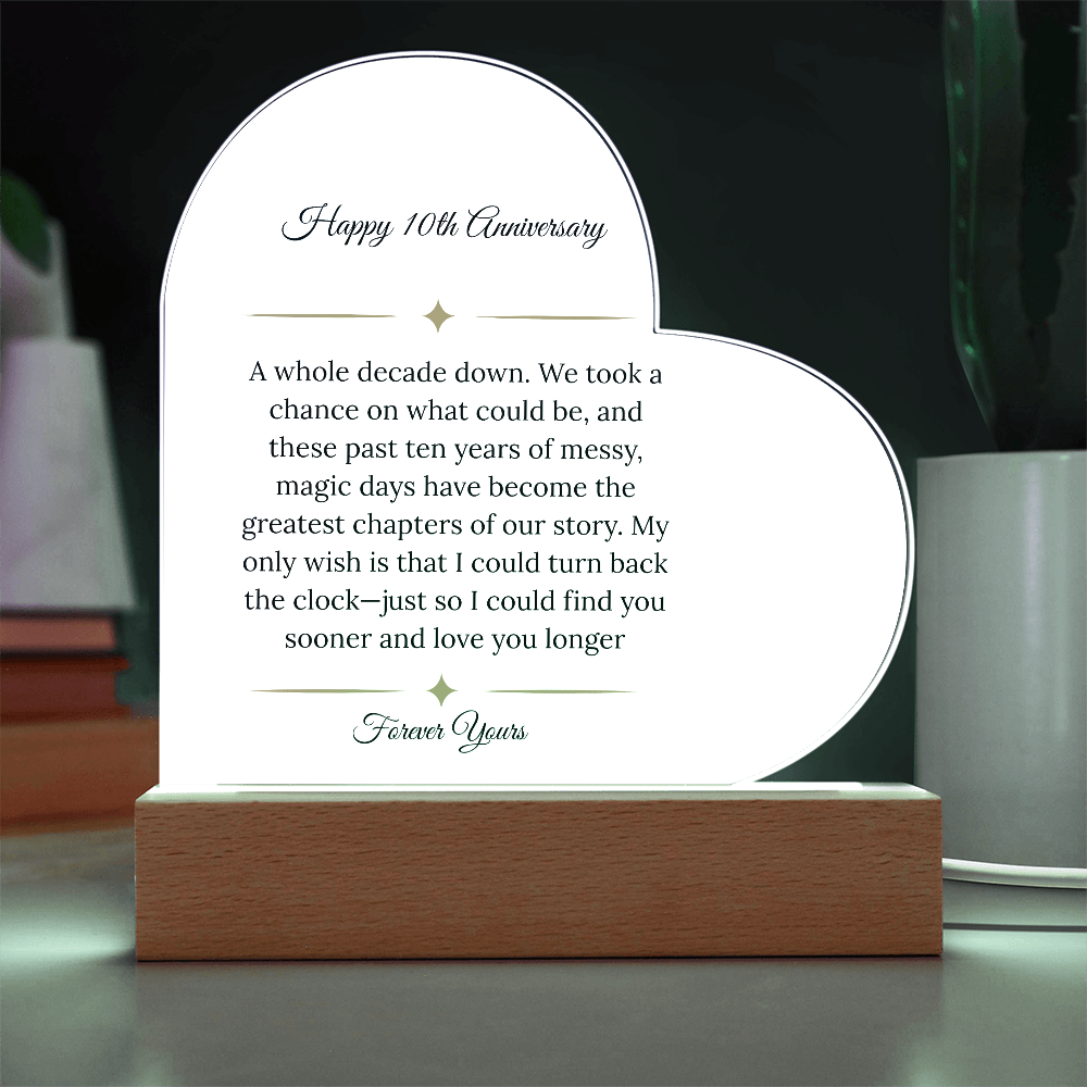 10th Anniversary Gift for Wife - "A Decade Down" LED Heart Plaque