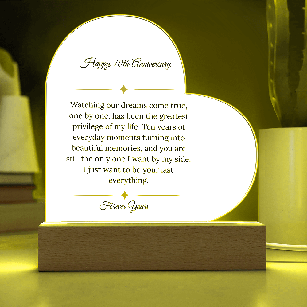 10th Anniversary Gift for Wife - "Dreams Come True" LED Heart Plaque
