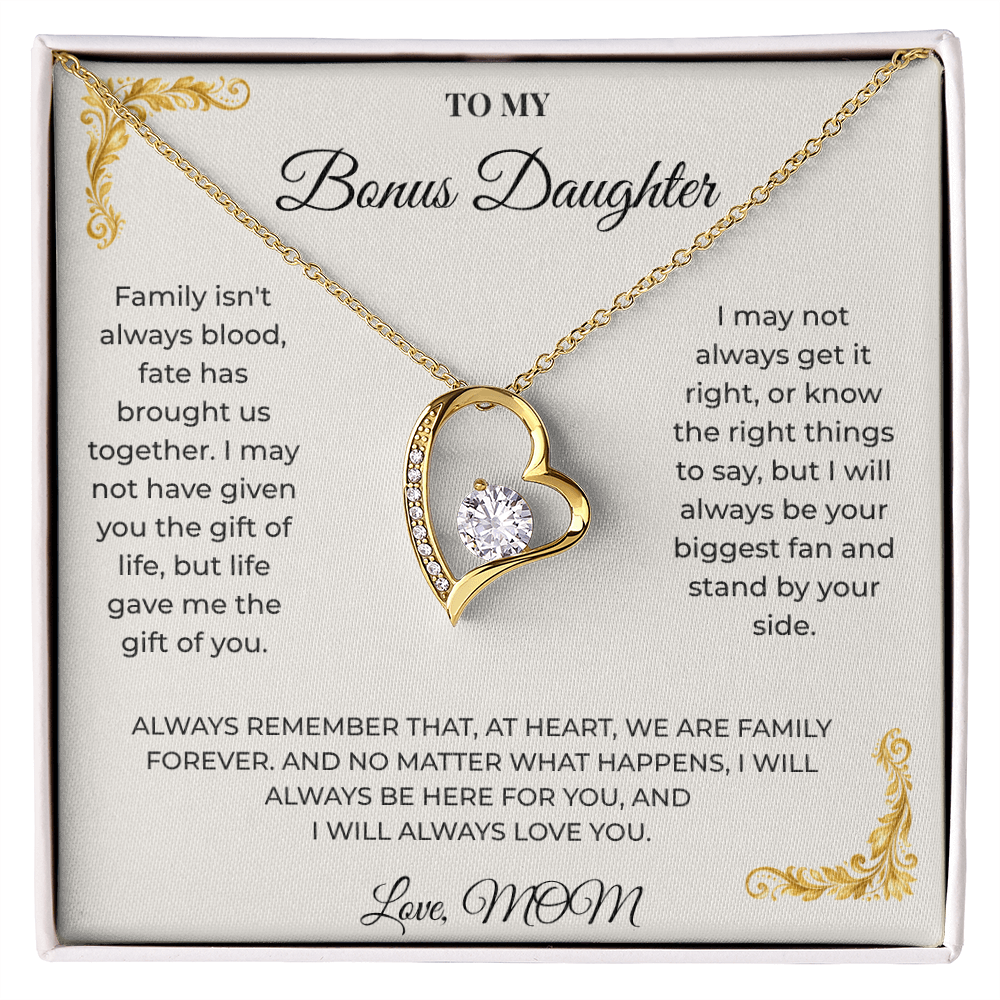 Vintage parchment style Bonus Daughter message card with Forever Love necklace from Mom in gift box