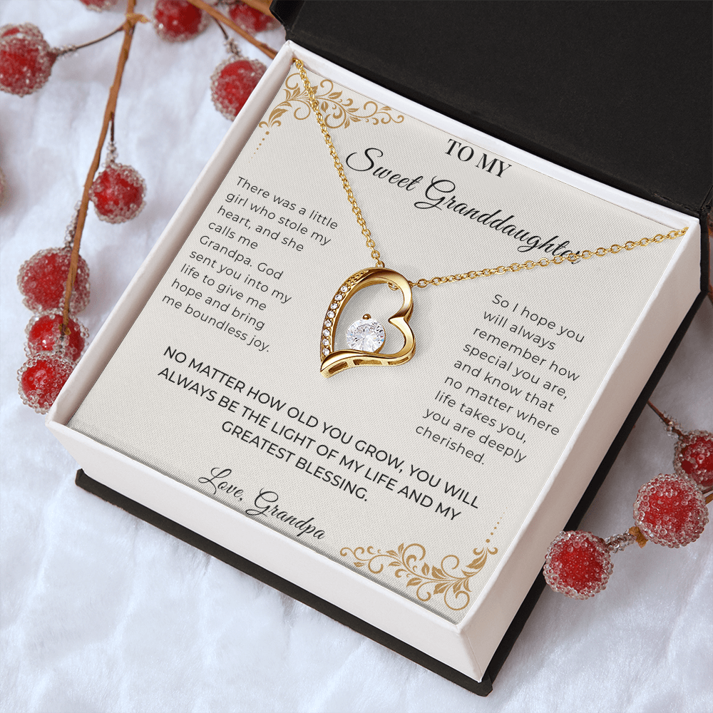 Vintage parchment Granddaughter message card from Grandpa with Forever Love crystal necklace in luxury gift box