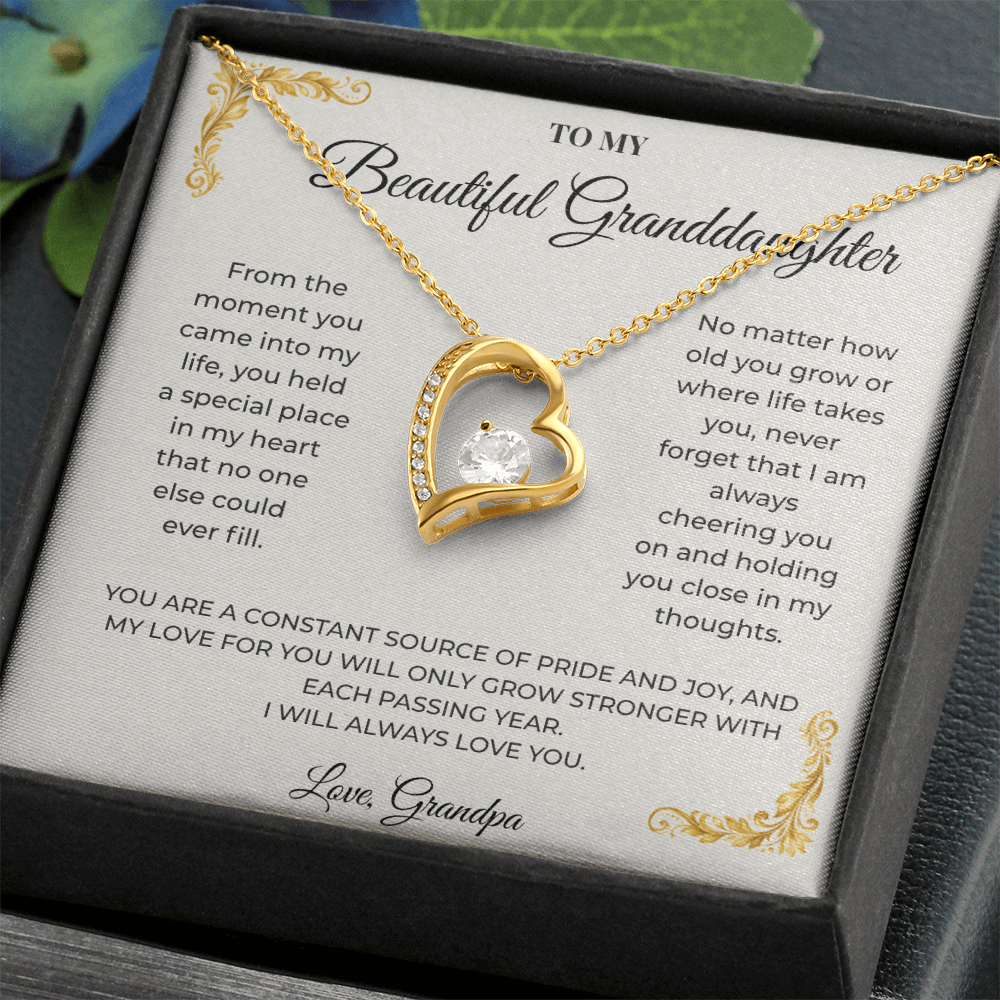 Vintage parchment style Granddaughter message card with Forever Love necklace in gift box
