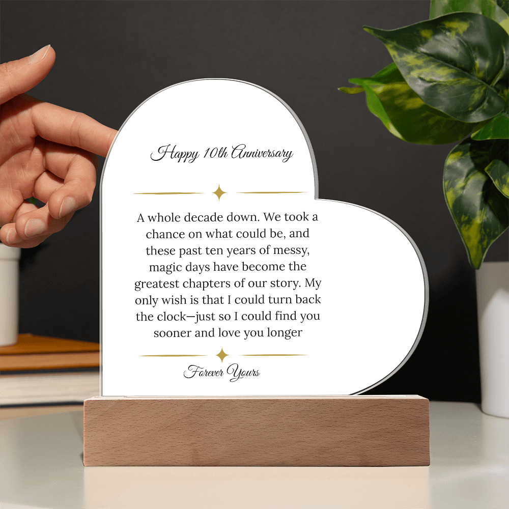 10th Anniversary Gift for Wife - "A Decade Down" LED Heart Plaque