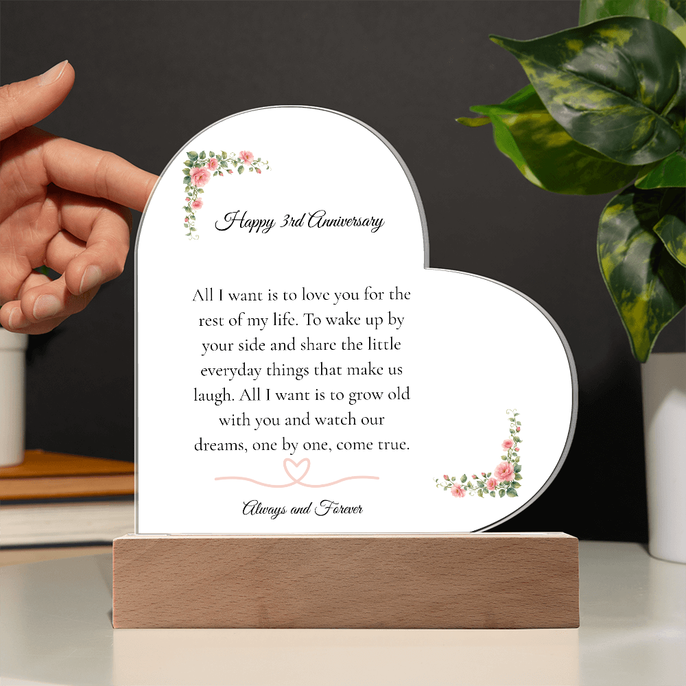 3rd Anniversary Gift for Wife - The "Growing Old Together" LED Heart Plaque