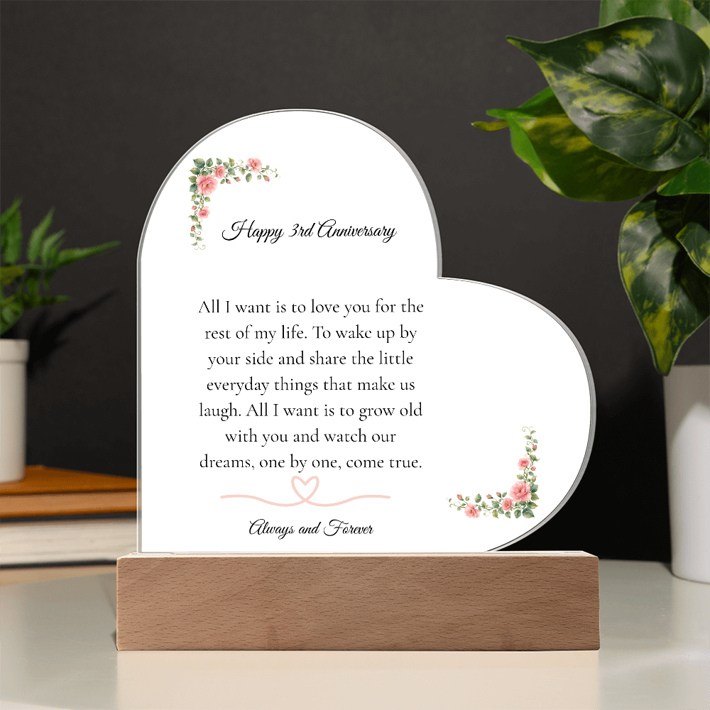 3rd Anniversary Gift for Wife - The "Growing Old Together" LED Heart Plaque