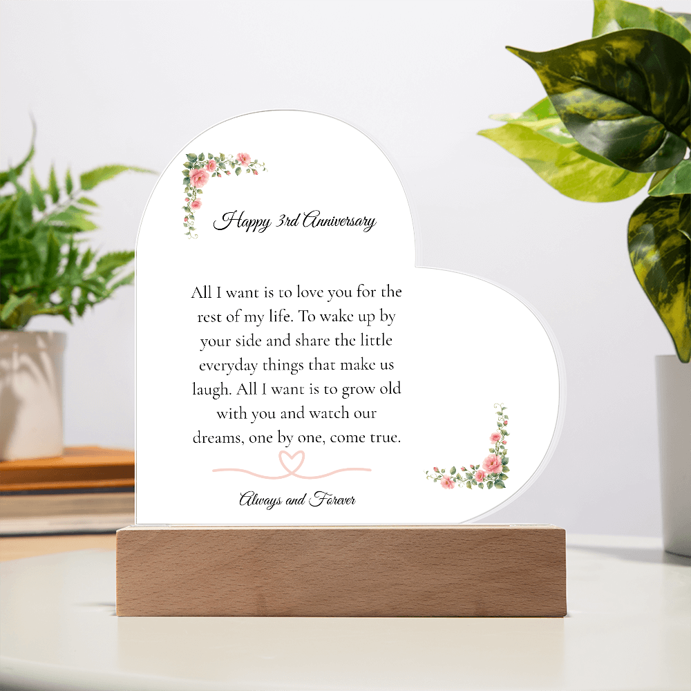 3rd Anniversary Gift for Wife - The "Growing Old Together" LED Heart Plaque