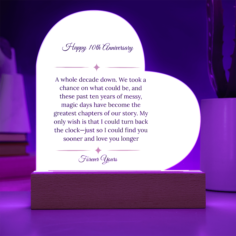 10th Anniversary Gift for Wife - "A Decade Down" LED Heart Plaque