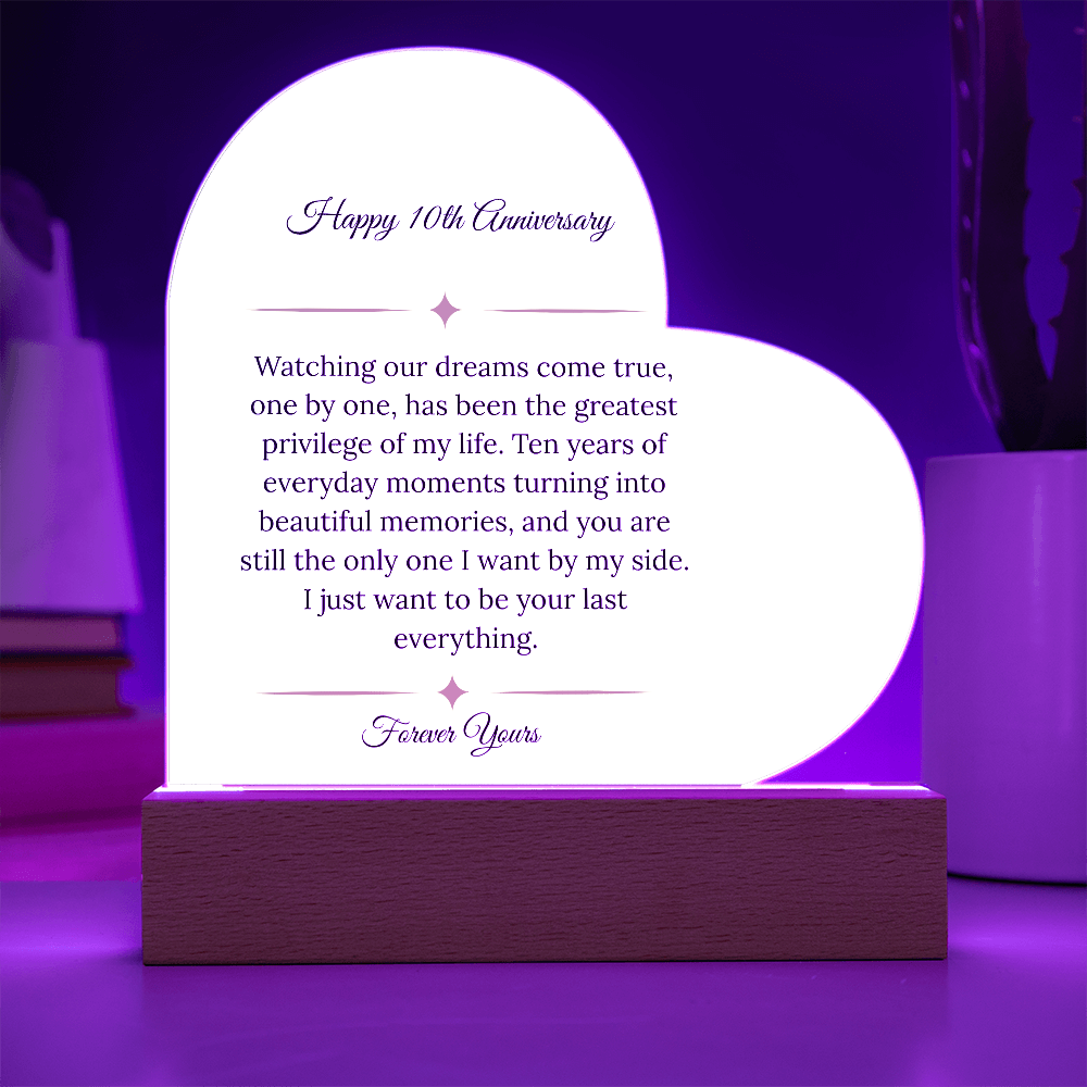 10th Anniversary Gift for Wife - "Dreams Come True" LED Heart Plaque