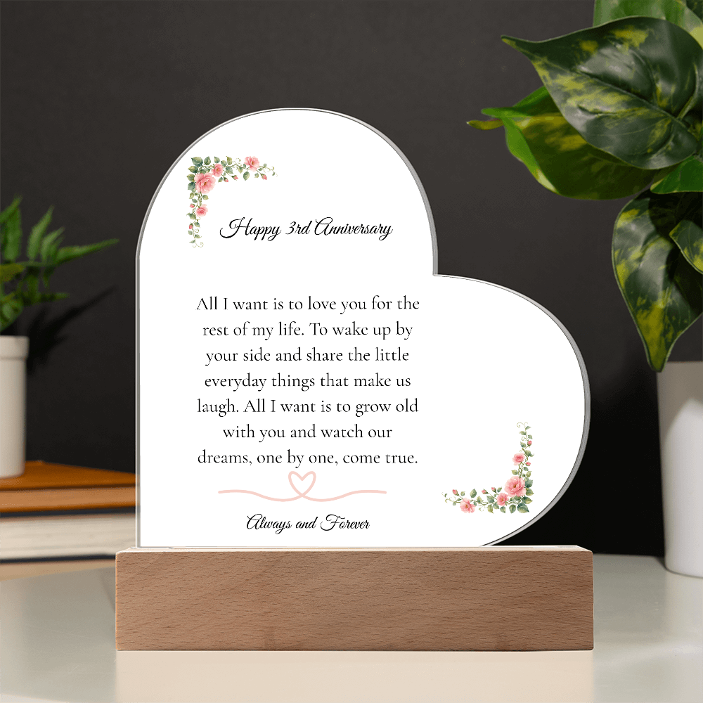 3rd Anniversary Gift for Wife - The "Growing Old Together" LED Heart Plaque