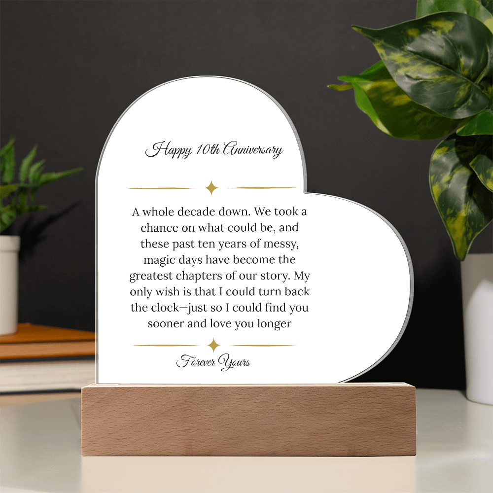 10th Anniversary Gift for Wife - "A Decade Down" LED Heart Plaque