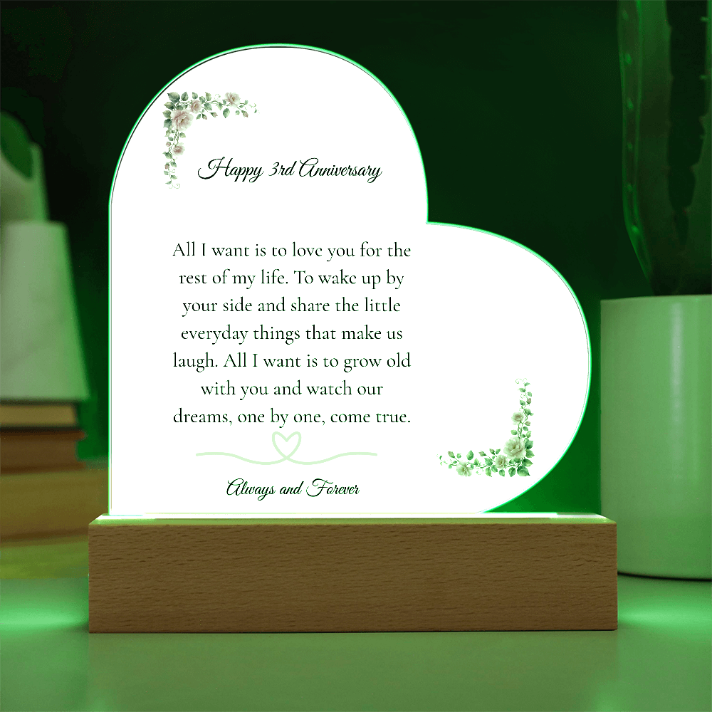 3rd Anniversary Gift for Wife - The "Growing Old Together" LED Heart Plaque