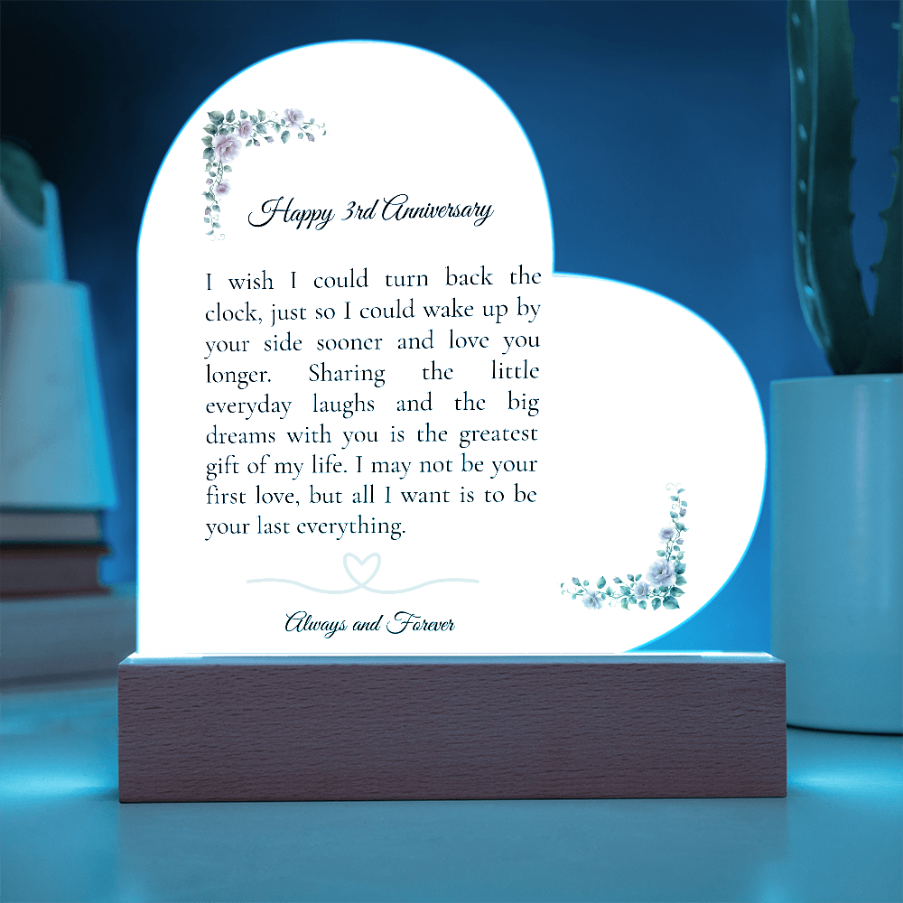 3rd Anniversary Gift for Wife - The "Last Everything" LED Heart Plaque