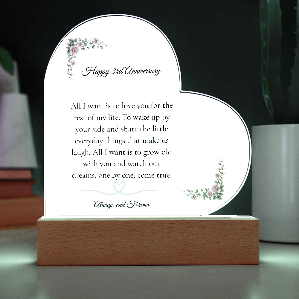 3rd Anniversary Gift for Wife - The "Growing Old Together" LED Heart Plaque